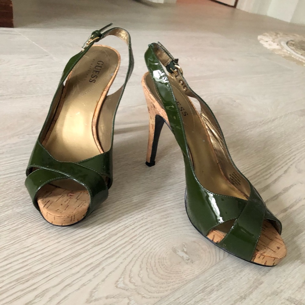 Guess by Marciano Green Leather High Heel Slingback Cork Heels - Picture 5 of 16